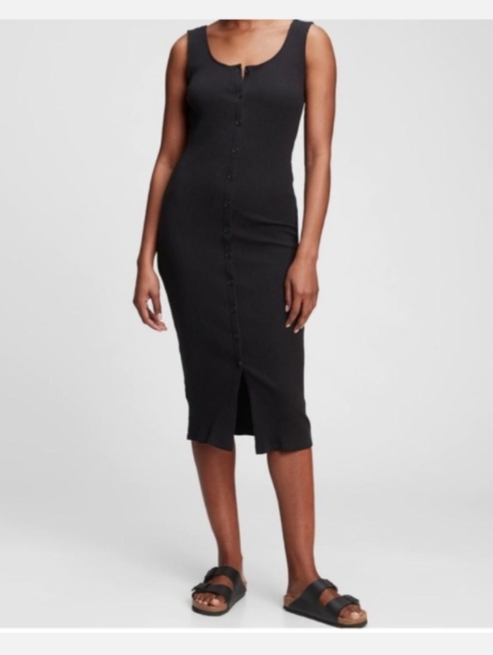 GAP Black Ribbed Button-Front Midi Dress